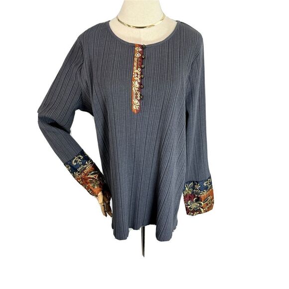 Soft Surrounding XL Tunic Top Embroidered India Boho Ribbed Gray - Picture 3 of 15